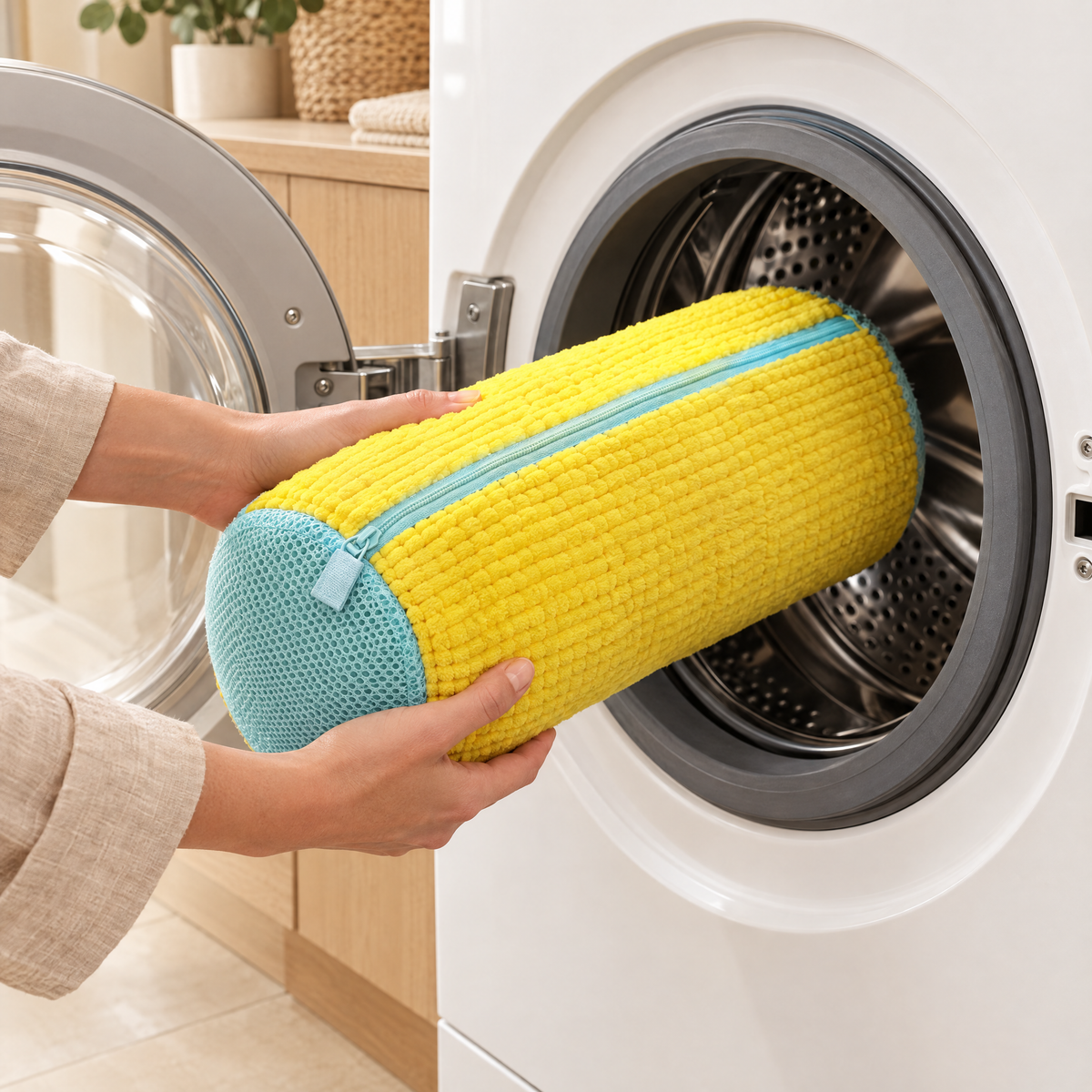 Hands placing a zipped yellow shoe-washing bag into a washing machine