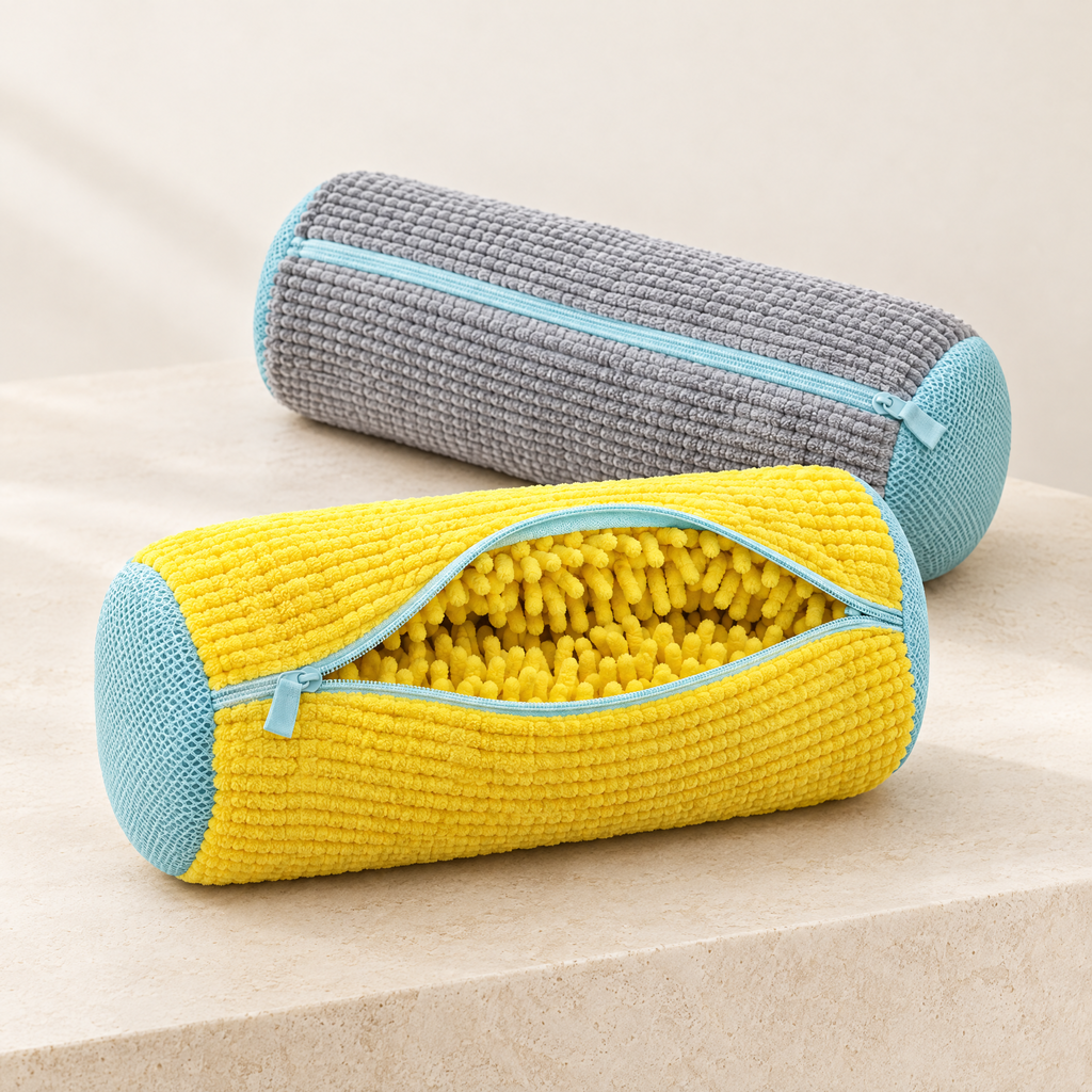 Yellow and grey EnthiraGlow shoe-washing bags with pale aqua zips and mesh ends; the yellow bag is open to show its tufted interior.