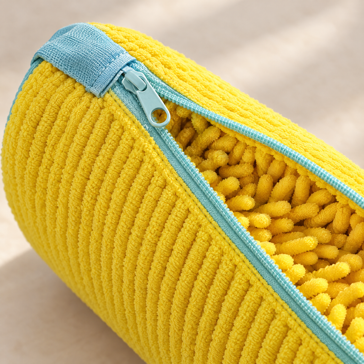 Close-up of the yellow EnthiraGlow shoe-washing bag, showing the pale aqua zip, cover tab and soft tufted lining.