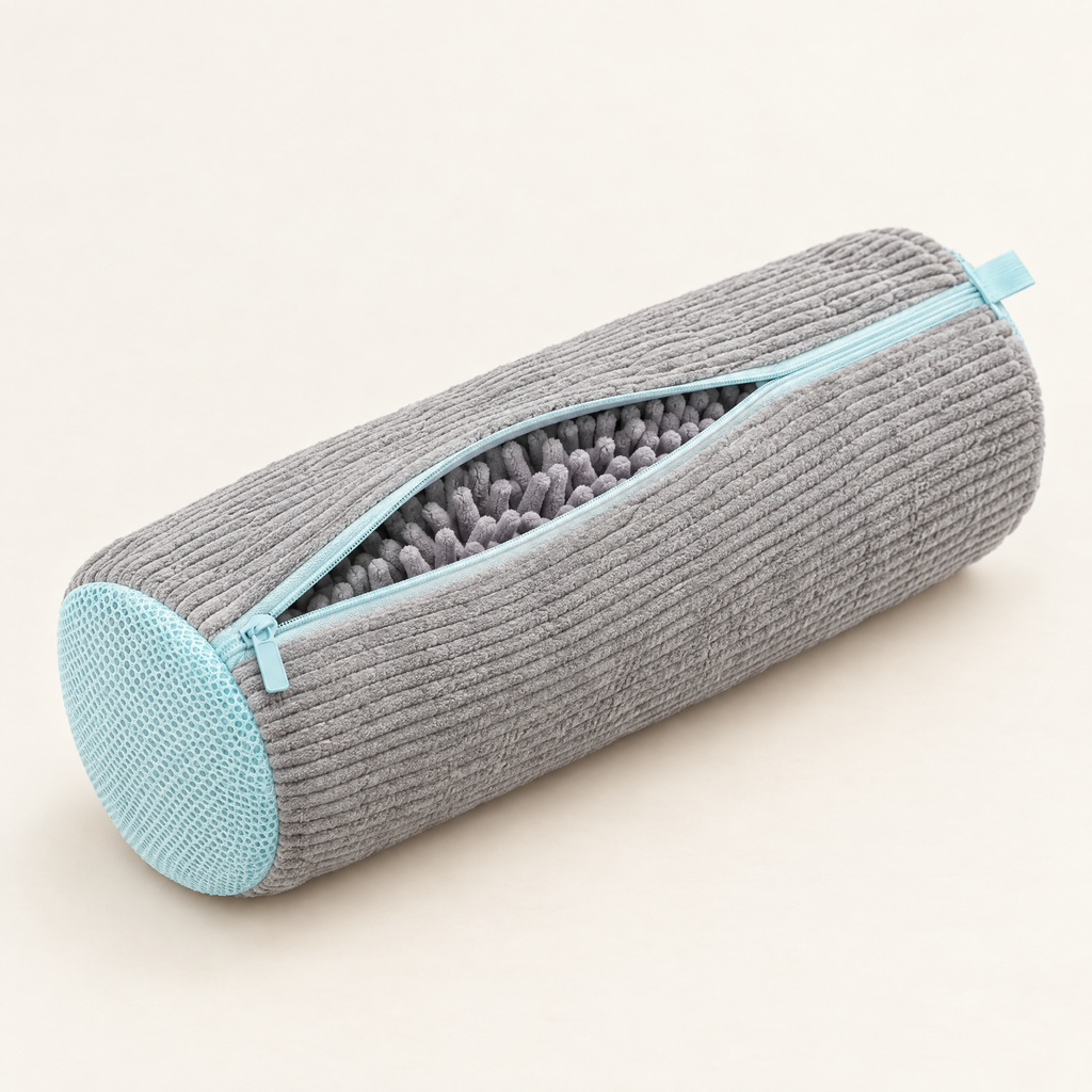 Grey EnthiraGlow shoe-washing bag with pale aqua mesh ends and a partially open lengthwise zip revealing the tufted lining.