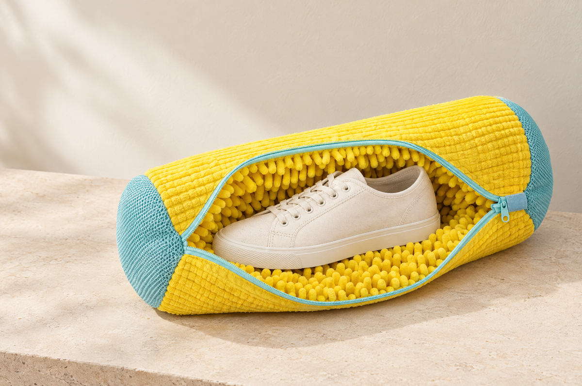 Open yellow EnthiraGlow shoe-washing bag with pale aqua mesh ends and a canvas shoe inside, on a warm stone surface.